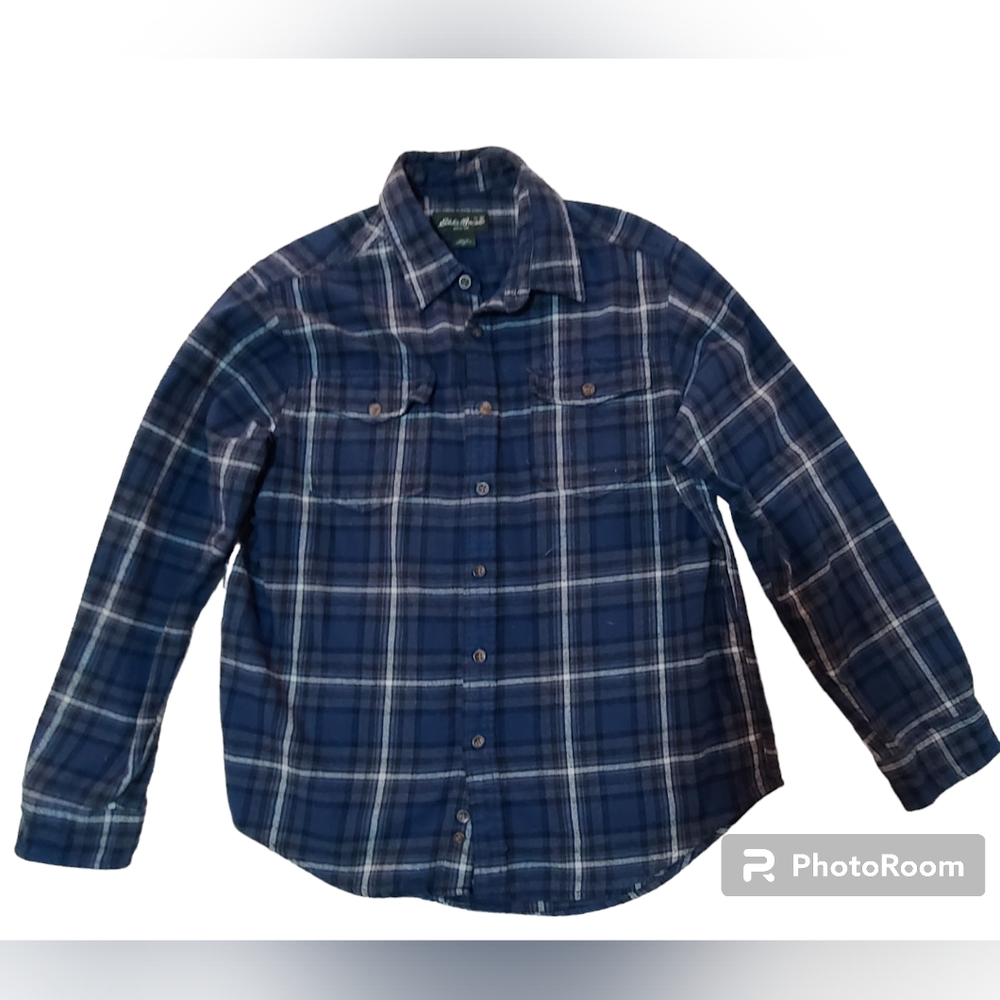 Eddie Bauer Flannel Button Up Shirt Men's M Long Sleeve Plaid Pocket Blue Gray